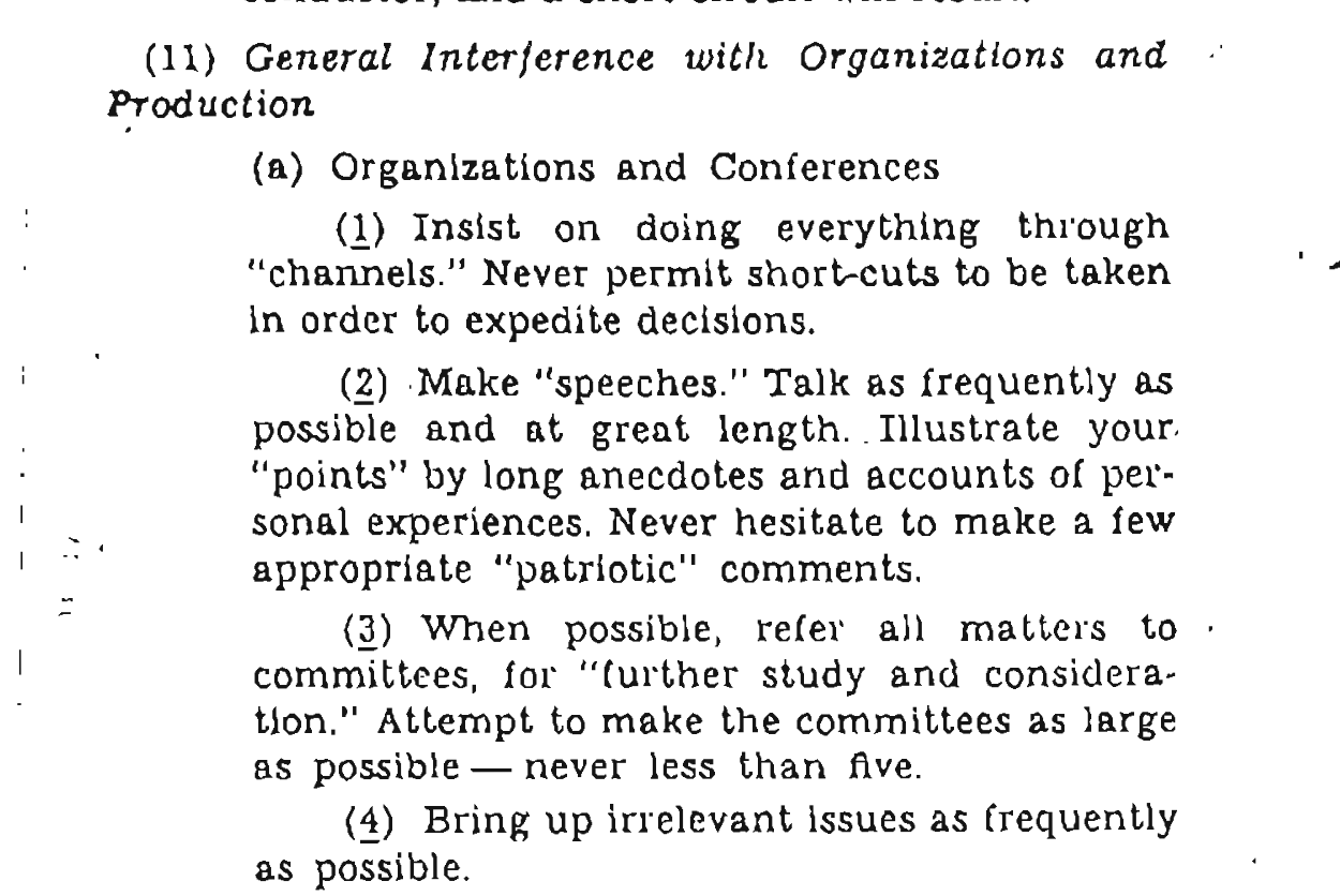 An image showing the first four suggestions for organizational sabotage from the OSS report